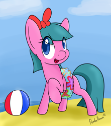 Size: 1377x1555 | Tagged: safe, artist:ponballoon, imported from derpibooru, oc, oc only, oc:jenny, beach, beach ball, cute, hair bow, inner tube, ocean, solo