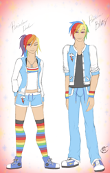 Size: 1714x2675 | Tagged: safe, artist:swag-thomas-stroker, imported from derpibooru, rainbow dash, human, clothes, converse, humanized, midriff, rainbow blitz, rainbow socks, rule 63, self paradox, shoes, sneakers, socks, striped socks