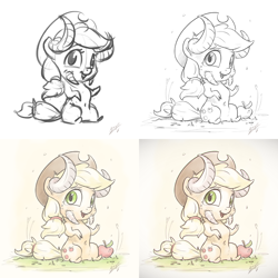 Size: 1600x1600 | Tagged: safe, artist:assasinmonkey, imported from derpibooru, applejack, pony, apple, belly button, chibi, female, food, horns, progress, sketch, solo, wip