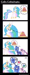 Size: 1200x3000 | Tagged: safe, artist:treez123, imported from derpibooru, princess cadance, princess celestia, princess luna, cake, celestia is not amused, food, liar face, liarpony, luna is not amused, s1 luna, scrunchy face, unamused