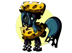 Size: 2200x1600 | Tagged: safe, artist:therandomjoyrider, imported from derpibooru, queen chrysalis, changeling, changeling queen, cheese, cheese hat, cheeselegs, cheeseling, female, food, hat, queen chrysalis is not amused, queen swissalis, solo, unamused