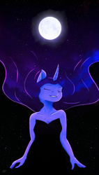 Size: 1024x1801 | Tagged: safe, artist:shiropoint, imported from derpibooru, princess luna, anthro, clothes, dress, eyes closed, female, freckles, moon, solo