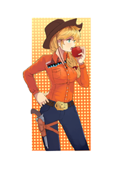 Size: 2480x3508 | Tagged: safe, artist:pk4g, imported from derpibooru, applejack, human, apple, clothes, female, food, gun, handgun, humanized, jeans, pants, revolver, shirt, solo, weapon