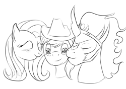 Size: 823x583 | Tagged: safe, artist:karmadash, imported from derpibooru, braeburn, fluttershy, king sombra, bisexual, braeshy, female, fluttershy gets all the stallions, gay, gay in front of girls, kissing, male, monochrome, ot3, polyamory, shipping, sketch, sombraeburn, sombrashy, straight