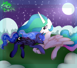 Size: 1024x903 | Tagged: safe, artist:ataliey, imported from derpibooru, princess celestia, princess luna, grass, moon, night, prone, royal sisters, stars