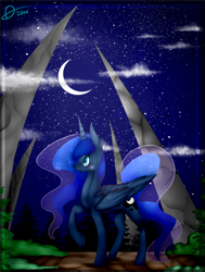 Size: 1024x1358 | Tagged: safe, artist:ataliey, imported from derpibooru, princess luna, female, moon, night, pillar, raised hoof, solo, stars