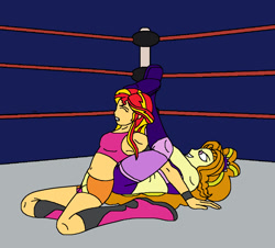 Size: 1202x1086 | Tagged: safe, artist:avispaneitor, imported from derpibooru, adagio dazzle, sunset shimmer, equestria girls, armpits, belly button, equestria girls wrestling series, midriff, wrestling