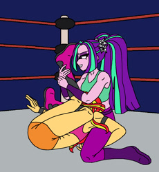 Size: 1056x1148 | Tagged: safe, artist:avispaneitor, imported from derpibooru, aria blaze, sunset shimmer, equestria girls, armpits, equestria girls wrestling series, midriff, wrestling