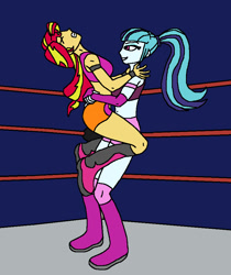 Size: 784x932 | Tagged: safe, artist:avispaneitor, imported from derpibooru, sonata dusk, sunset shimmer, equestria girls, belly button, boots, clothes, equestria girls wrestling series, midriff, shoes, wrestling