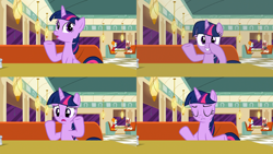 Size: 1280x720 | Tagged: safe, imported from derpibooru, beaude mane, joan pommelway, twilight sparkle, alicorn, pony, the saddle row review, background pony, booth, eyes closed, female, looking at you, loss (meme), mare, open mouth, screencap comic, sitting, smiling, table, twilight sparkle (alicorn), window