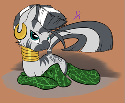 Size: 699x575 | Tagged: safe, artist:kidkaizer, imported from derpibooru, zecora, zebra, clothes, female, gradient background, looking at you, lying, simple background, socks, solo