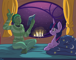 Size: 912x722 | Tagged: safe, artist:kidkaizer, imported from derpibooru, twilight sparkle, oc, oc:anon, alicorn, human, pony, /mlp/, 2014, bed, bedtime story, book, candle, clothes, duo, golden oaks library, hat, nightcap, pajamas, twilight sparkle (alicorn)