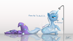 Size: 6000x3376 | Tagged: safe, artist:duskie-06, imported from derpibooru, trixie, pony, unicorn, bathing, brush, chest fluff, female, fergalicious, glowing horn, levitation, licious, magic, magic aura, mare, reflection, shower, solo, telekinesis, trixie's cape, trixie's hat, trixilicious, twilightlicious