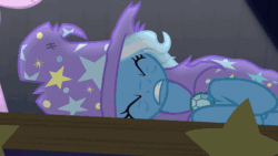 Size: 1167x658 | Tagged: safe, imported from derpibooru, screencap, starlight glimmer, trixie, pony, unicorn, no second prances, animated, blinking, clothes, cute, diatrixes, eyes closed, female, glimmerbetes, looking at each other, looking back, mare, one eye closed, raised hoof, smiling, torn clothes, wink