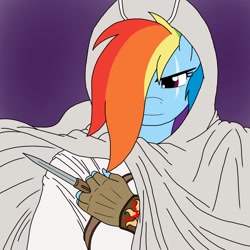 Size: 1000x1000 | Tagged: safe, artist:linedraweer, imported from derpibooru, rainbow dash, anthro, assassin dash, assassin's creed, cloak, clothes, gloves, hidden blade, knife, scar