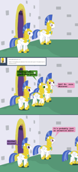 Size: 1000x2185 | Tagged: safe, artist:hakar-kerarmor, imported from derpibooru, queen chrysalis, oc, oc:monolith, oc:nors, changeling, ask four inept guardponies, disguise, disguised changeling, fourth wall, lampshade hanging, royal guard
