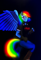 Size: 880x1280 | Tagged: dead source, safe, artist:sergiroth, imported from derpibooru, rainbow dash, anthro, dio, female, heavy metal, pun, rainbow in the dark, solo, song reference, visual pun