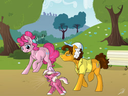 Size: 1200x900 | Tagged: safe, artist:shimazun, imported from derpibooru, cheese sandwich, pinkie pie, oc, oc:strawberry cake, bench, cheesepie, female, freckles, hair bow, hat, male, offspring, parent:cheese sandwich, parent:pinkie pie, parents:cheesepie, shipping, straight, tree