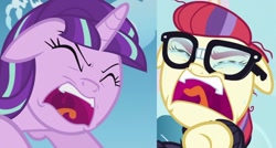 Size: 1584x847 | Tagged: safe, imported from derpibooru, moondancer, starlight glimmer, amending fences, the cutie re-mark, angry, comparison, crying, teary eyes