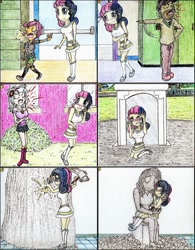Size: 1024x1311 | Tagged: safe, artist:meiyeezhu, imported from derpibooru, bon bon, cranky doodle donkey, lyra heartstrings, scootaloo, equestria girls, alone, andrea libman, angry, bandage, blushing, bush, canterlot high, clothes, comfort, comic, cradling, crying, depressing, door, dress, emotional, granite, gym, hammer, headphones, humanized, lockers, lonely, nail, old master q, parody, rock, rubble, sad, school, sculpting, sculpture, shorts, skirt, statue, sweater, tears of pain, traditional art, unwanted, upset, voice actor, window, windows, yelling
