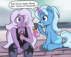 Size: 1039x832 | Tagged: safe, artist:ohohokapi, imported from derpibooru, trixie, pony, unicorn, amethyst (steven universe), christianity, crossover, female, food, ice cream, mare, religion, religion in the comments, religious focus, religious headcanon, steven universe