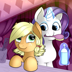 Size: 4000x4000 | Tagged: safe, artist:malamol, imported from derpibooru, applejack, rarity, alternate hairstyle, brush, cute, female, hairspray, hairstyling, jackabetes, magic, mouth hold, raribetes, telekinesis