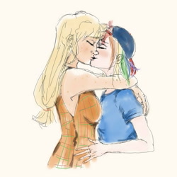 Size: 709x709 | Tagged: safe, artist:mlp-fap-art, imported from derpibooru, applejack, rainbow dash, human, appledash, backwards ballcap, baseball cap, clothes, eyes closed, female, hat, hug, humanized, kiss on the lips, kissing, lesbian, shipping, shirt, simple background, t-shirt, traditional art