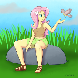 Size: 1200x1200 | Tagged: safe, artist:empyu, imported from derpibooru, fluttershy, bird, equestria girls, armpits, belly button, clothes, female, grass, midriff, rock, sandals, shorts, solo, tanktop