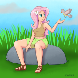 Size: 1200x1200 | Tagged: safe, artist:empyu, imported from derpibooru, fluttershy, bird, human, armpits, barrette, belly button, clothes, female, grass, humanized, midriff, rock, sandals, shorts, sitting, solo, tanktop