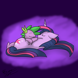 Size: 1440x1440 | Tagged: safe, artist:thundershock0823, imported from derpibooru, spike, twilight sparkle, dragon, pony, unicorn, baby, baby dragon, cute, duo, female, male, mama twilight, mare, signature, sleeping, spikabetes, spikelove, twiabetes, unicorn twilight