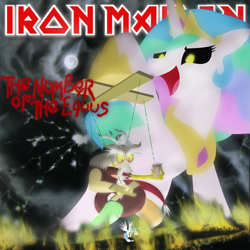 Size: 4267x4263 | Tagged: safe, artist:demon-jello, artist:demonjello, imported from derpibooru, discord, princess celestia, absurd resolution, album cover, heavy metal, iron maiden, parody, the number of the beast