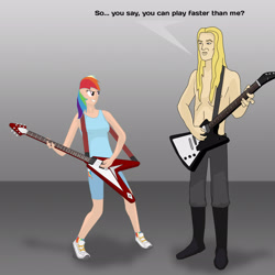 Size: 2048x2048 | Tagged: safe, artist:homer1208, imported from derpibooru, rainbow dash, human, 1000 hours in ms paint, dethklok, duo, flying v, guitar, humanized, metalocalypse, ms paint, musical instrument, shoes, skwisgaar skwigelf, sneakers