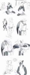 Size: 2000x5000 | Tagged: safe, artist:askbubblelee, imported from derpibooru, oc, oc only, oc:bubble lee, oc:imago, oc:mako, oc:margarite mix, oc:singe, anthro, hybrid, orca pony, original species, pegasus, unguligrade anthro, unicorn, anthro oc, bar, comic, cousins, female, jealous, male, ponytail, straight