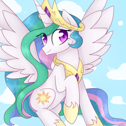 Size: 1000x1000 | Tagged: dead source, safe, artist:ultrard, imported from derpibooru, princess celestia, alicorn, pony, colored pupils, female, raised hoof, sky, smiling, solo, spread wings, wings