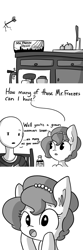 Size: 721x2163 | Tagged: safe, artist:tjpones, imported from derpibooru, oc, oc only, oc:brownie bun, oc:richard, human, horse wife, :o, arrow, comic, cute, fire extinguisher, kitchen, monochrome, raised eyebrow, starry eyes, wingding eyes