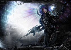 Size: 1280x905 | Tagged: safe, artist:inteaselive, imported from derpibooru, twilight sparkle, human, artificial wings, augmented, body armor, female, gun, humanized, mechanical wing, rifle, science fiction, solo, twilight sparkle (alicorn), weapon, wings