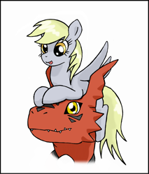 Size: 1758x2065 | Tagged: safe, artist:unitoone, imported from derpibooru, derpy hooves, guilmon, pegasus, pony, :p, crossover, digimon, duo, female, mare, pony hat, prone, riding, simple background, smiling, tongue out, white background