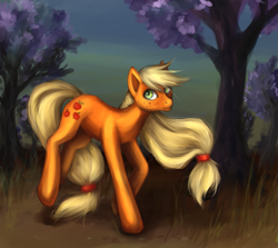 Size: 1783x1588 | Tagged: dead source, safe, artist:nyarmarr, imported from derpibooru, applejack, earth pony, pony, female, grass, hatless, looking away, missing accessory, solo, tree, windswept mane