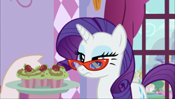 Size: 1920x1080 | Tagged: safe, imported from derpibooru, screencap, pinkie pie, rarity, pony, canterlot boutique, cupcake, food, glasses, rarity looking at food, rarity's glasses