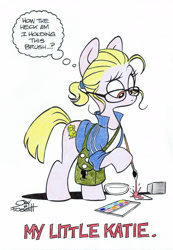 Size: 1812x2618 | Tagged: safe, artist:jay fosgitt, artist:katiecandraw, idw, imported from derpibooru, oc, oc only, earth pony, pony, artist, blonde, clothes, comic, dexterous hooves, drawing, eyebrows, female, glasses, hoof hold, jacket, joke, katie cook, lampshade hanging, looking down, mare, paint, painting, parody, ponysona, satchel, shirt, solo