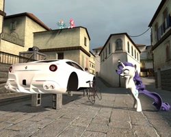 Size: 1280x1024 | Tagged: safe, artist:johnflaherty, imported from derpibooru, pinkie pie, rainbow dash, rarity, 3d, bicycle, car, ferrari, ferrari f12 berlinetta, gmod, prank