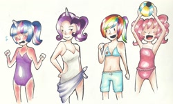 Size: 2813x1695 | Tagged: safe, artist:nina-chan5202, imported from derpibooru, pinkie pie, rainbow dash, rarity, twilight sparkle, human, armpits, clothes, horned humanization, humanized, swimsuit