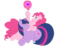 Size: 1265x1077 | Tagged: safe, artist:collaredginger, imported from derpibooru, pinkie pie, twilight sparkle, pony, balloon, female, lesbian, mare, shipping, tongue out, twinkie