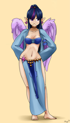 Size: 1107x1935 | Tagged: safe, artist:mimicpony, deleted from derpibooru, imported from derpibooru, twilight sparkle, human, barefoot, belly button, ear piercing, earring, elf ears, feet, humanized, jewelry, loincloth, midriff, piercing, smiling, solo, twilight sparkle (alicorn), winged humanization