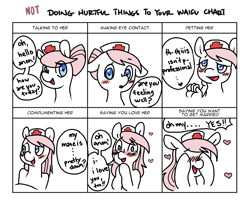 Size: 992x806 | Tagged: safe, artist:/d/non, imported from derpibooru, nurse redheart, oc, oc:anon, blushing, crying, cute, doing loving things, floppy ears, heart, heart eyes, heartabetes, mane down, meme, simple background, unprofessional, white background, wingding eyes