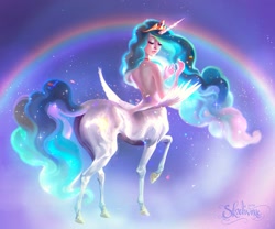 Size: 900x750 | Tagged: safe, artist:skadivore, imported from derpibooru, princess celestia, centaur, eyes closed, female, galaxy, humanized, solo