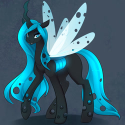 Size: 1050x1050 | Tagged: safe, artist:duskyamore, imported from derpibooru, oc, oc only, oc:queen fylifa, changeling, changeling queen, blue changeling, changeling queen oc, female, simple background, solo