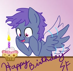 Size: 902x885 | Tagged: safe, artist:storm flare, imported from derpibooru, oc, oc only, oc:windy dripper, pegasus, pony, birthday, cupcake, food, male, solo