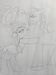 Size: 1224x1632 | Tagged: safe, artist:zee-stitch, imported from derpibooru, applejack, prince blueblood, bluejack, female, flirting, magic, male, monochrome, shipping, sketch, straight, tongue out, traditional art