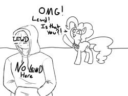 Size: 1000x750 | Tagged: safe, artist:slamjam, imported from derpibooru, pinkie pie, human, pony, 4chan, anonymous, blushing, lewd, lewdness, monochrome, simple background